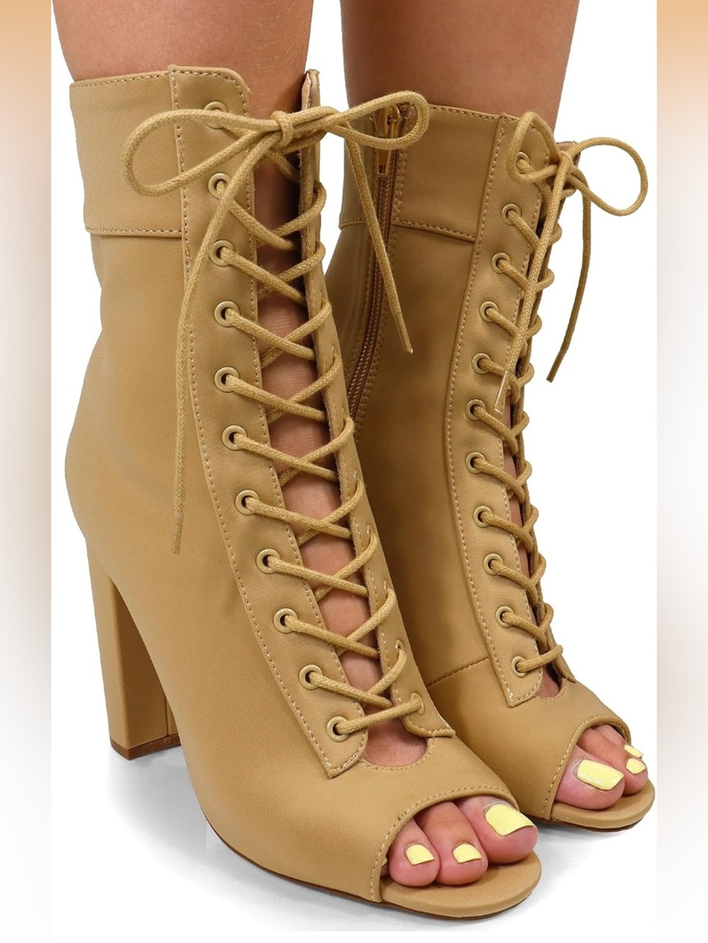 Liliana Lace-Up Peep Toe Block Heel Ankle Boots - Tan